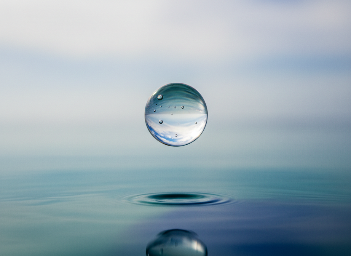 A single iridescent drop of seawater suspended in midair above a calm, endless ocean, every tiny bubble and ripple rendered in crisp photographic realism. The drop reflects a miniature universe of swirling clouds and deep blue waves, its surface tension perfectly smooth and glasslike. Below, the ocean stretches to the horizon under a soft overcast sky, the water a gradient of teal and indigo. Diffused natural light wraps gently around the droplet, casting a faint, circular shadow on the water’s surface. Shot at eye level with a shallow depth of field, the background sea blurs into creamy bokeh, creating a contemplative, poetic mood that evokes the idea of one voice within a vast collective.