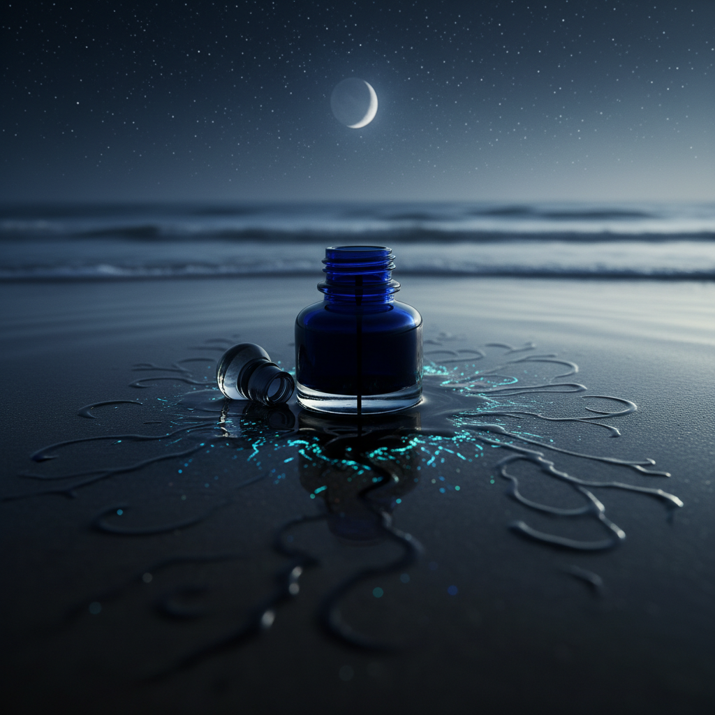 An isolated, midnight-blue glass ink bottle sitting on the wet sand just where the waves reach, its stopper removed, a thin rivulet of dark ink mingling with seawater and forming branching, calligraphic patterns. Around it, the receding tide leaves mirror-like patches reflecting a star-filled night sky and a faint crescent moon. Bioluminescent specks shimmer near the ink’s edge, blending reality with the surreal. The scene is illuminated by cool moonlight and the subtle glow of the bioluminescence, creating silver highlights and deep, velvety shadows. Shot from a low, close-up angle in photographic realism, with a shallow depth of field, the mood is mystical and poetic, suggesting stories and verses dissolving into the greater ocean of collective imagination.