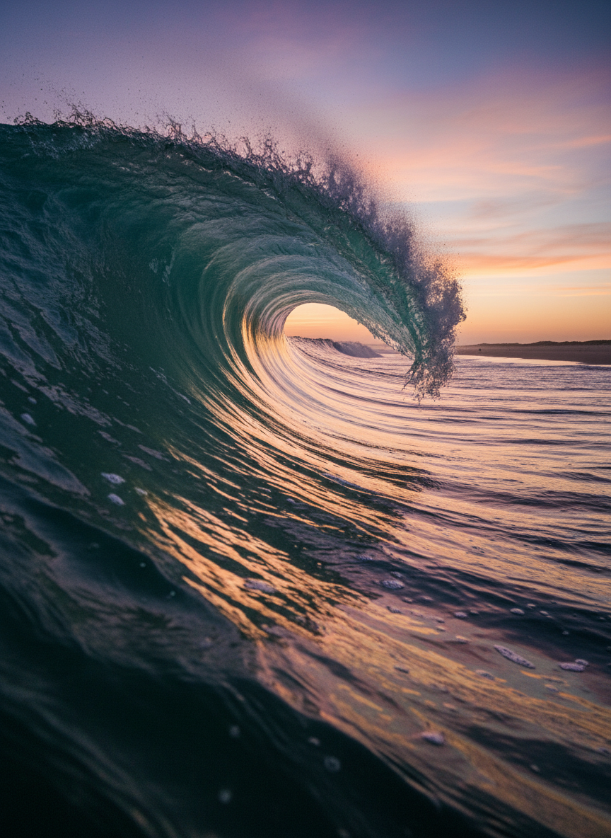 A crescent-shaped wave curling in slow motion at twilight, frozen just before it crashes, every detail of the water’s texture captured in sharp photographic detail. The wave’s inner curve glows with translucent turquoise, while its outer surface reflects deep violet and rose tones from the setting sun. The shoreline in the distance is softly blurred, with smooth wet sand reflecting the dimming sky like liquid glass. Golden hour light grazes the crest of the wave, creating gleaming highlights and soft, elongated shadows on the water. Composed from a low, almost water-level angle, the image feels immersive and cinematic, expressing the power of many drops moving together like a single, poetic force.