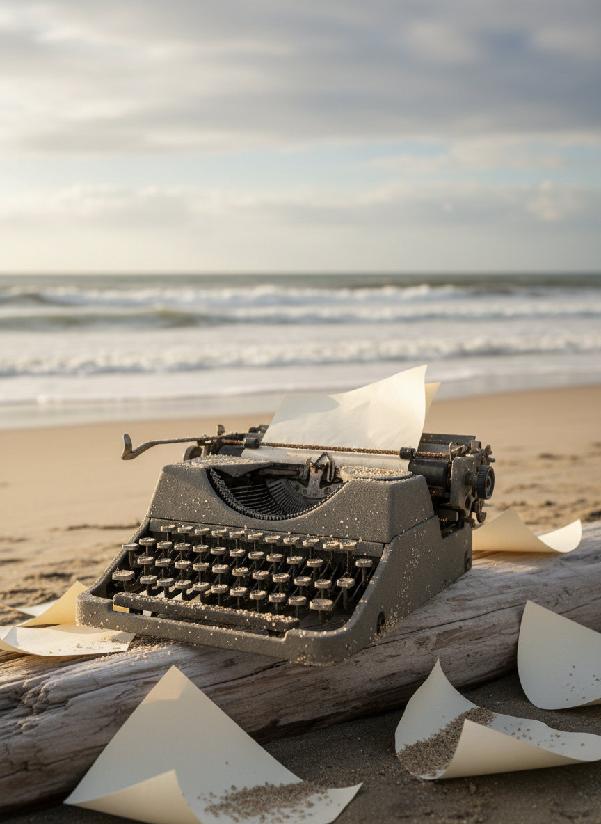 An old, weathered typewriter resting on a driftwood plank near the edge of a tranquil shoreline, the metal keys lightly dusted with sea salt crystals and fine grains of sand. Crumpled pages and clean sheets of creamy paper are scattered around, each corner slightly curled by the ocean breeze. In the background, gentle waves roll in beneath a pale, cloud-streaked sky, softly out of focus. Late afternoon light filters through thin clouds, creating a muted, silvery glow that reflects on both the typewriter and the water. Photographic realism, shot from a slightly elevated angle with the typewriter in sharp focus and a shallow depth of field, evoking a contemplative, literary atmosphere of fiction and poetry born by the sea.