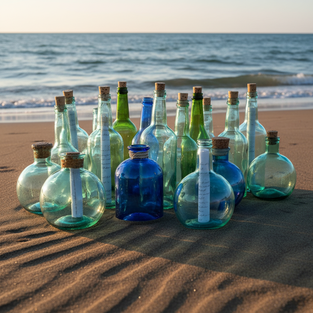 Dozens of translucent glass bottles, each a slightly different shape and shade of blue or green, clustered together on a quiet beach like a tide-washed library. Some bottles are sealed with weathered corks, others open, their interiors catching fragments of sky and sea. Faint, illegible fragments of text appear on rolled papers inside a few of them. The surrounding sand is darkened by recent waves, patterned with delicate ripples. Overhead, soft golden hour sunlight slants in at a low angle, creating long, gentle shadows and bright highlights glinting off the glass. Shot in photographic realism from a three-quarter, slightly elevated angle, with moderate depth of field, the mood is hopeful and communal, evoking countless individual voices gathered into a single, tidal chorus of stories and poems.