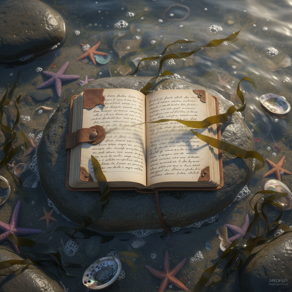 A worn, leather-bound journal lying open on a smooth rock tide pool at low tide, its cream-colored pages filled with dense, handwritten lines that fade just before becoming legible. Around the journal, shallow clear water reveals intricate starfish, pearly shells, and strands of kelp drifting like cursive lines. Tiny bubbles cling to the rock’s textured surface, catching points of light. The scene is lit by soft, early morning light filtered through light mist, giving the colors a muted, dreamy palette of blues, greens, and warm browns. Captured in photographic realism from a top-down perspective with crisp detail throughout, the image radiates a quiet, introspective mood, as if the ocean itself is a co-author of the stories within.