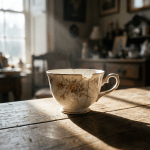 Chipped floral teacup with cracks sitting on a rustic wooden table in sunlight.