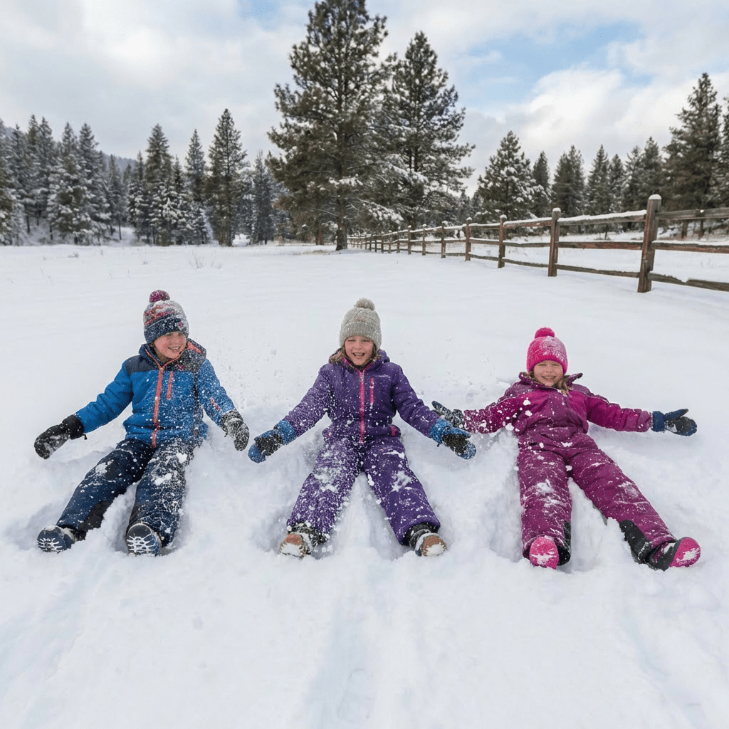 Three children in colorful snowsuits play and throw snow in a winter field.