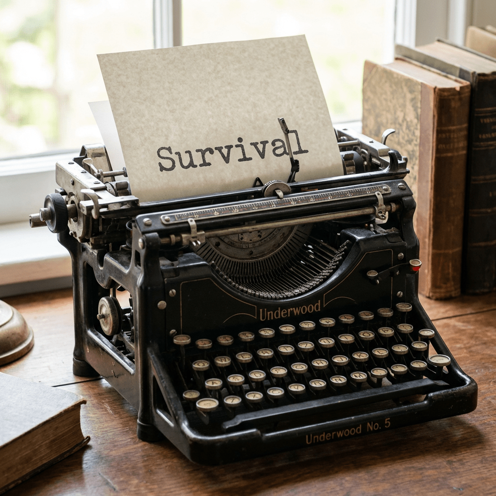 Vintage Underwood No. 5 typewriter with the word Survival typed on paper.