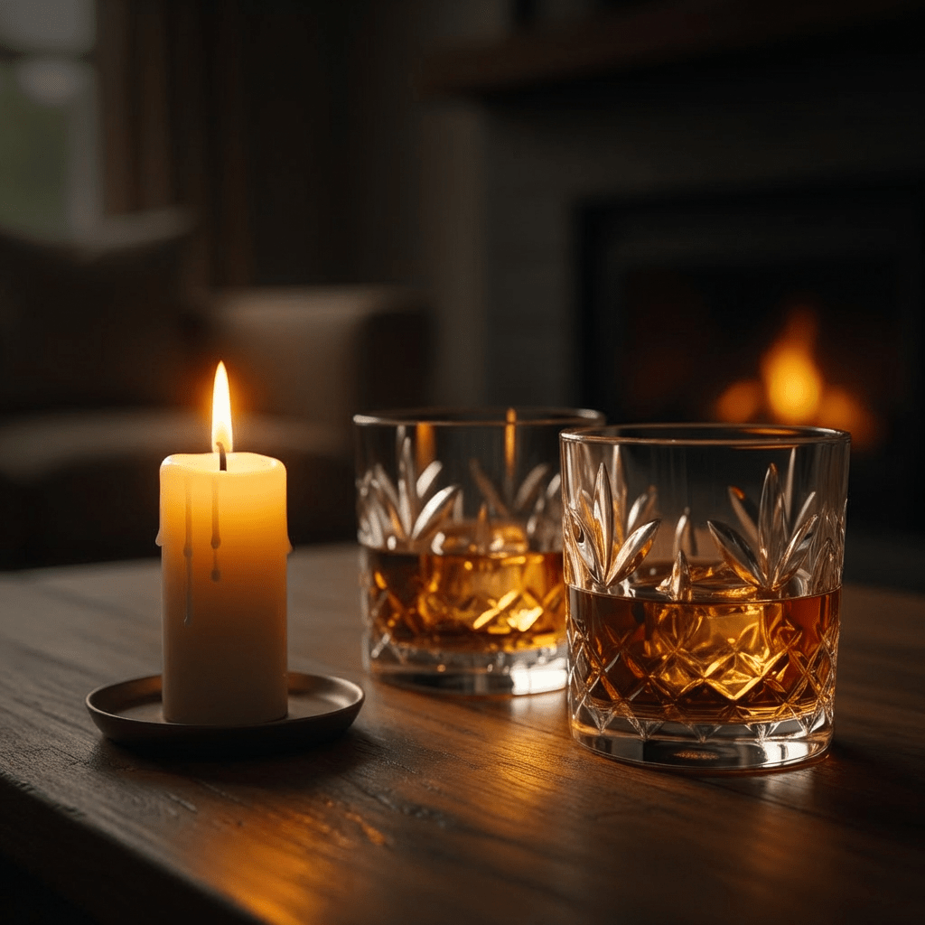 Two crystal whiskey glasses and a lit candle on a wooden table near a fireplace.