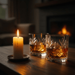 Two crystal whiskey glasses and a lit candle on a wooden table near a fireplace.