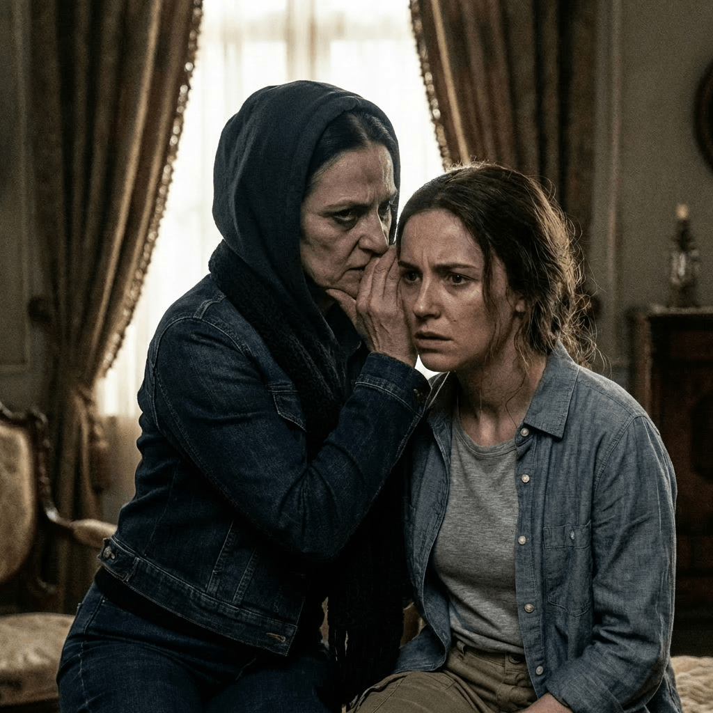 A hooded woman whispers into the ear of a worried-looking woman in a dim room.