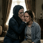 A hooded woman whispers into the ear of a worried-looking woman in a dim room.