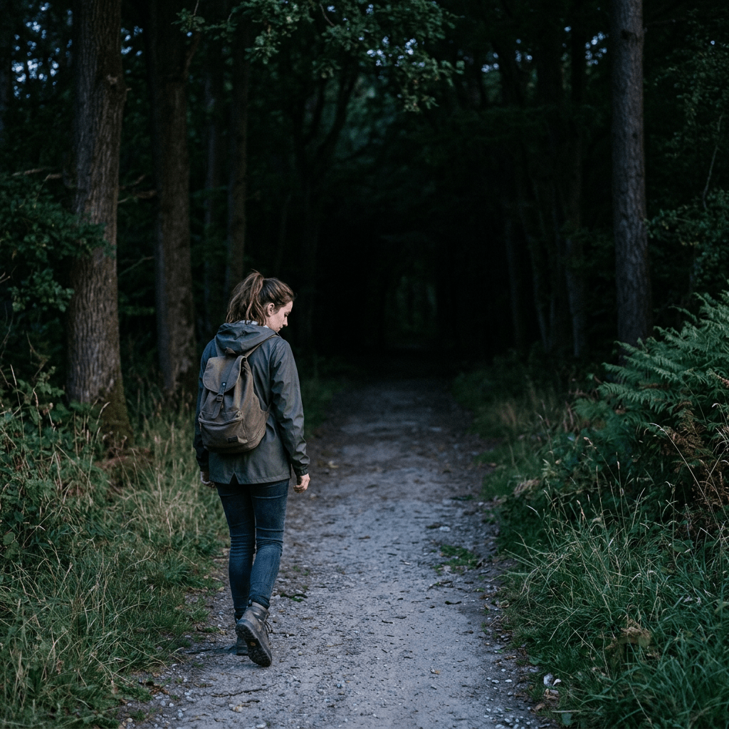 Woman in green jacket walking on dirt path through dense forest