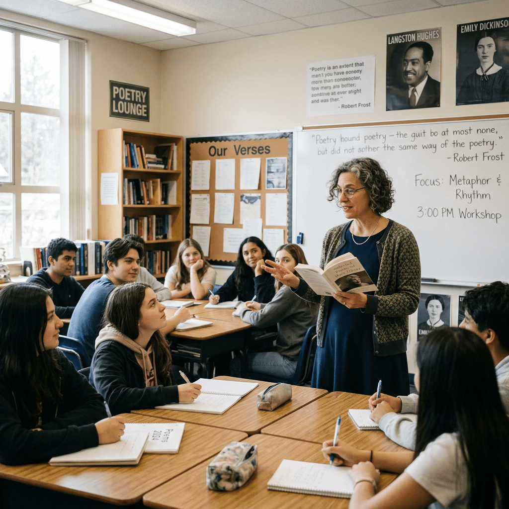 Teacher reading poetry to a group of high school students seated around desks in a classroom