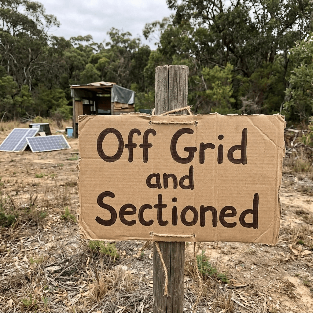 Cardboard sign reading 'Off Grid and Sectioned' tied to a wooden post near solar panels and a small shelter in a wooded area