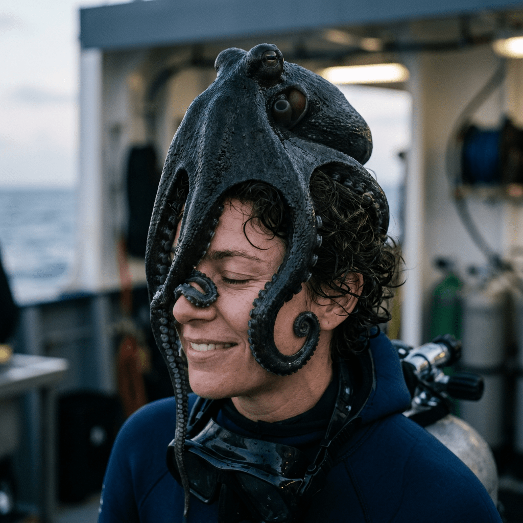 Smiling diver wearing a realistic octopus hood on a boat