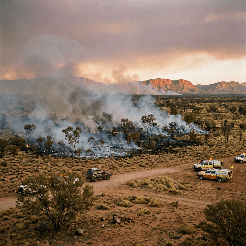 Wildfire burning in scrubland as emergency vehicles gather nearby